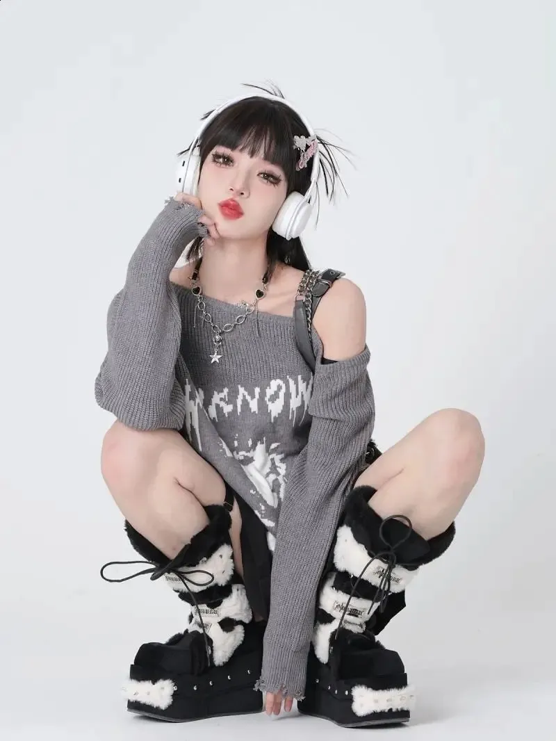 Womens Strapless Y2K Gothic Jumper Loose Fit, One Shoulder