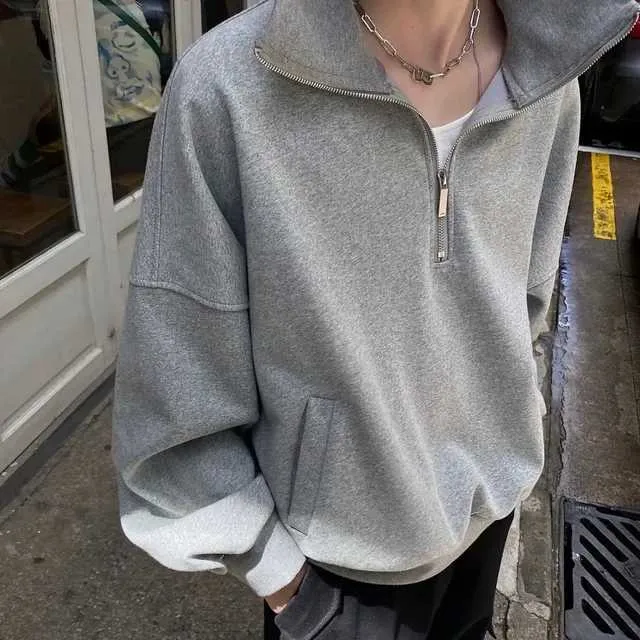 50‘s Half Sleeve Sweatshirt GREY 無地 Japanese Retro Quarter Zip Up Sweatshirt With Oversized Half