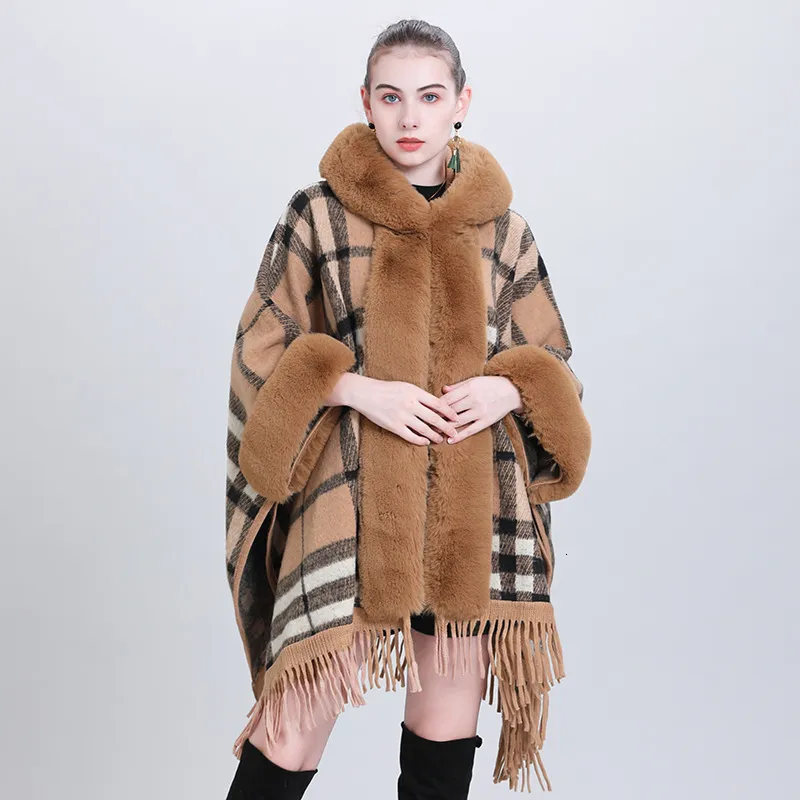 Premium Plus Size Faux Fur Collar Checkered Cape Shawl - Hooded