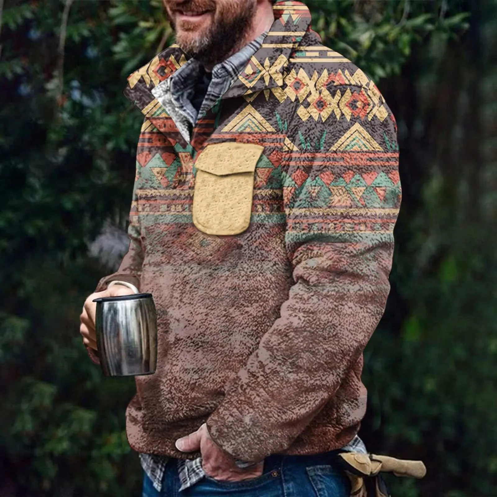 Aztec Plush Mens Jacket Winter Warmth: Longline Hoodie Premium