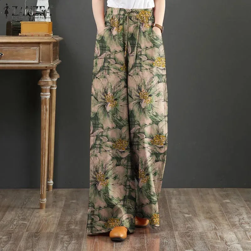 ZANZEA Womens Bohemian Floral Print Wide Leg Pants Summer Elastic