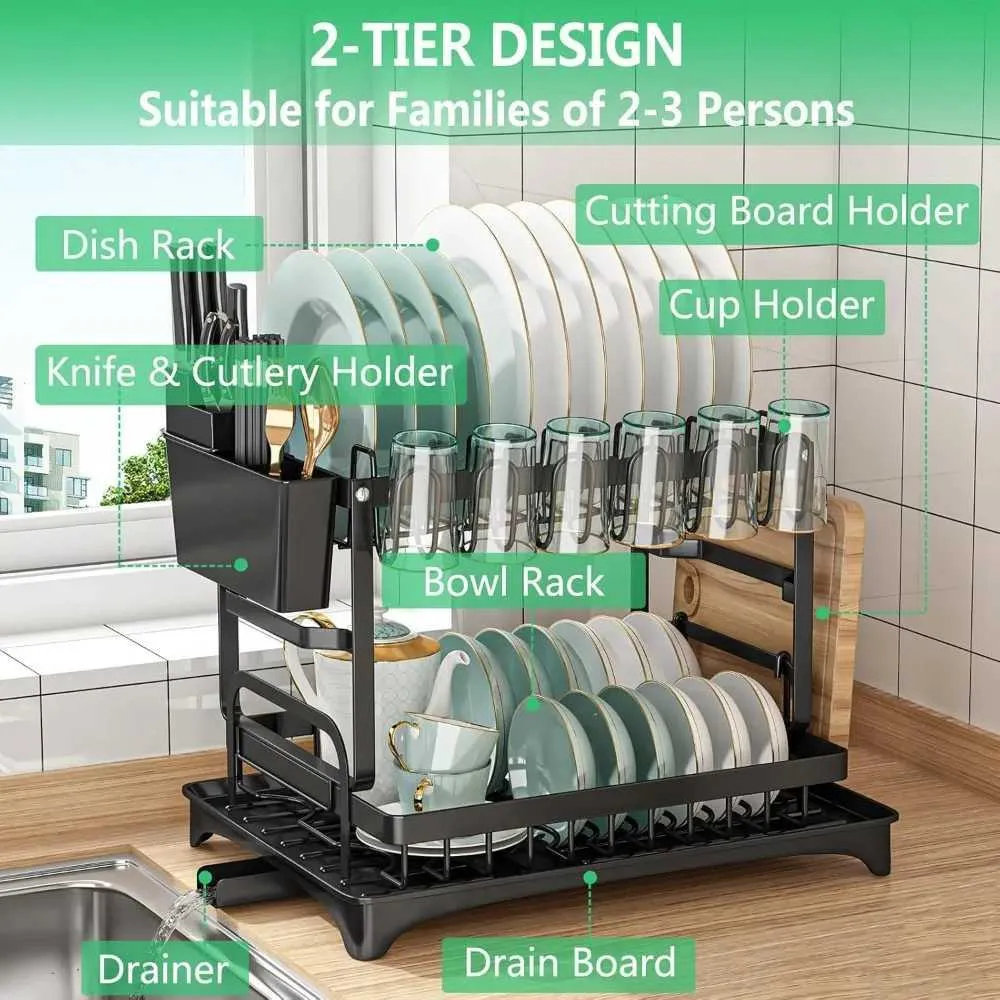 Dish Racks Multifunctional Dish Rack Rustproof Kitchen Dish Drying Rack with Drainboard Space Saving 2 Tier Dish Drying Rack with Utensil z240831
