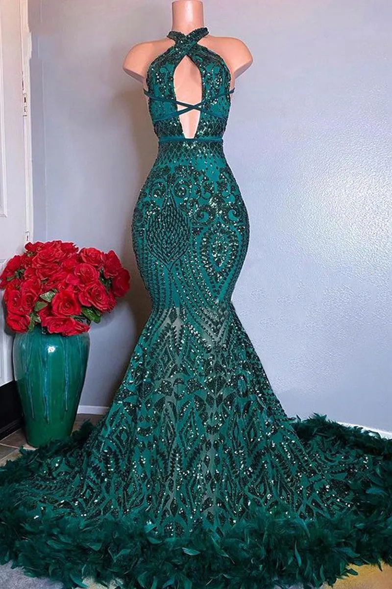 Aqua Green Luxurious Mermaid Prom Dresses With Feather Halter Neck Keyhole Sequined Beads Ruched Long Evening Clows Formal Vestidos BC