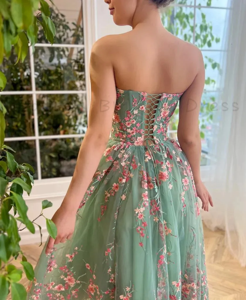 sage green tea length dress Zapaka Women Sage Green Bridesmaid Dress with Slit Spaghetti Straps Floral A Line Long Wedding Guest Dress, Sage Green / US12