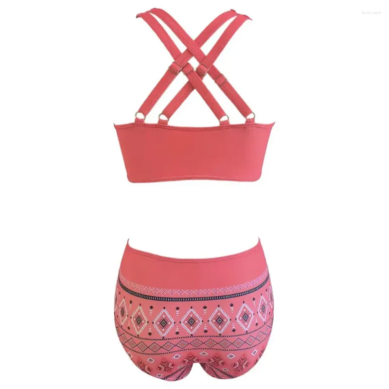 Maiô feminino de cintura alta, retrô, estampado, conjunto de biquíni com sutiã com decote em v, cintura alta, ombro de fora, praia, para mulheres, banho de costas