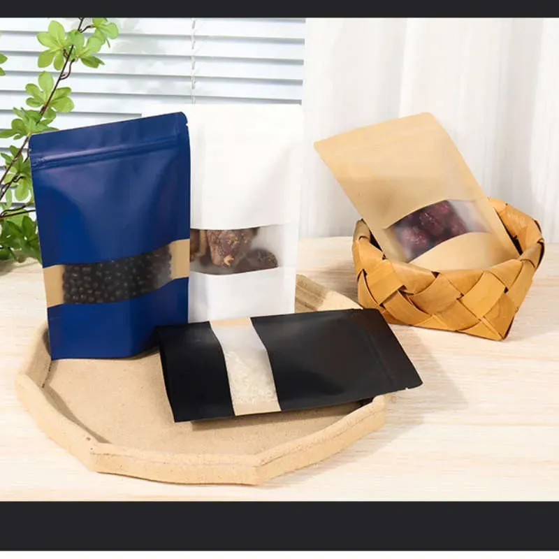 Colorful Pink Blue Kraft Paper Bags Clear Window Zipper Retail Mylar Stand Up Pouch For  Snack Candy Coffee Bean Powder Nuts Tea Seeds Gifts Packaging Storage