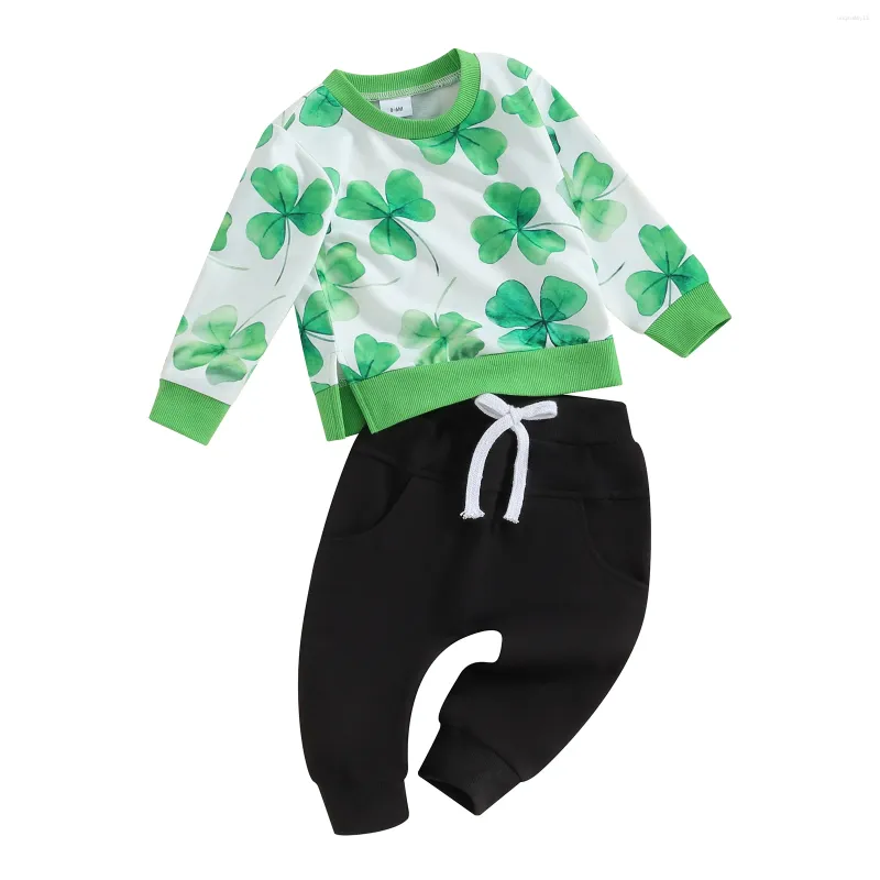 衣料品セットキッズベイビーボーイズアイルランドフェスティバル衣装グリーンシャムロックプリント長袖スウェットシャツとズボンの幼児2ピースアクティブウェア