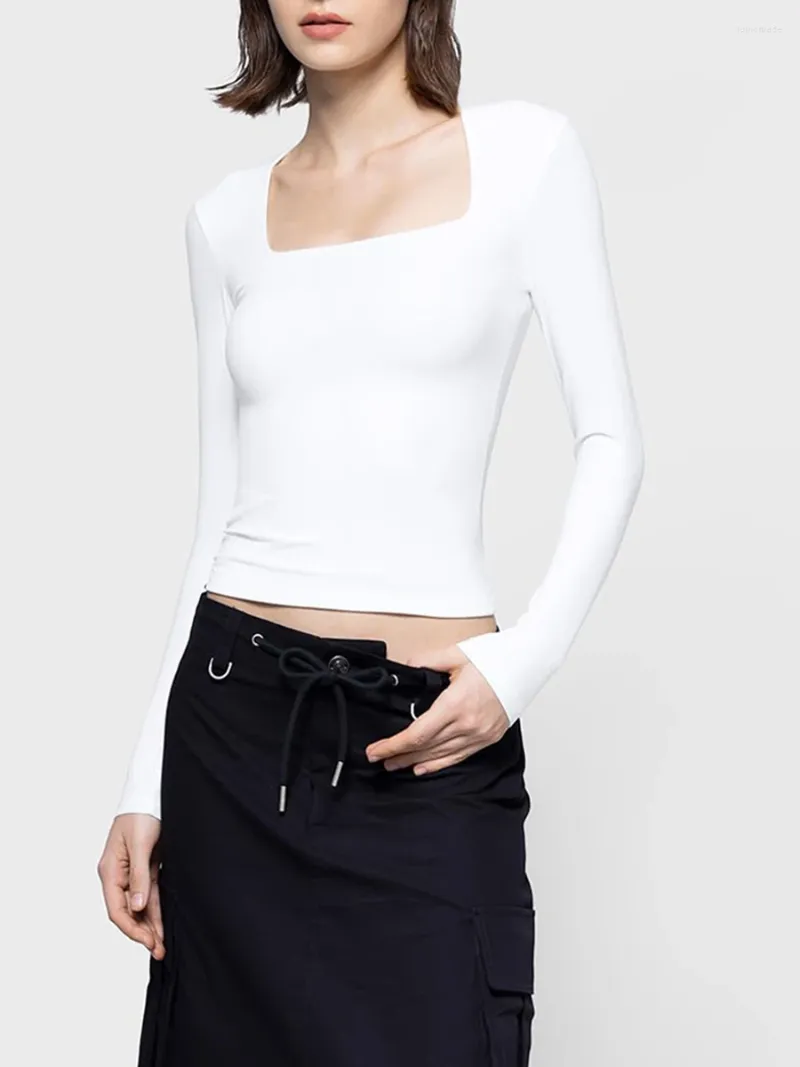Kadın Tişörtleri Kadın Gündelik Kare Boyun Uzun Kol Üst Koyu Renk İnce Uygun Çift Çizeli Gömlek Basit Katman