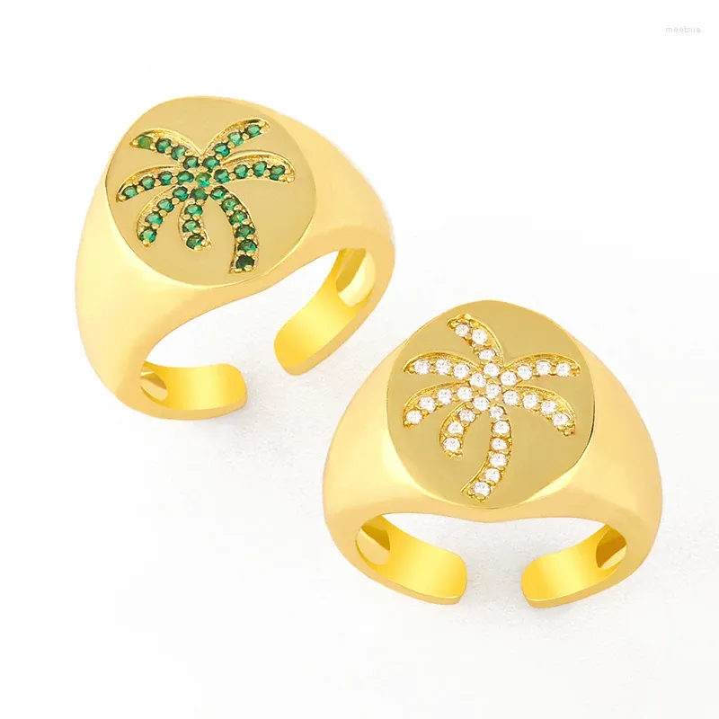 حلقات الكتلة Flola Copper Cz Green White Coconut Tree Ring Gold Plated Open Beather for Women Girl Wholesale Jewelry Gift Rigj91