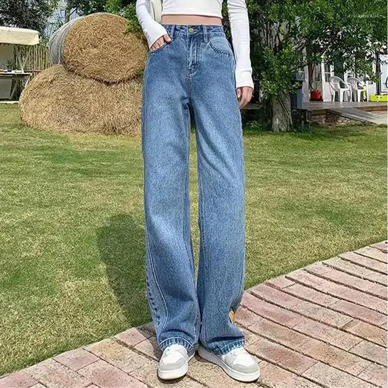 Kvinnors jeansbyxor blå byxor för kvinna hög midja s vit rak ben hippie estetik stretch koreansk mode medium a