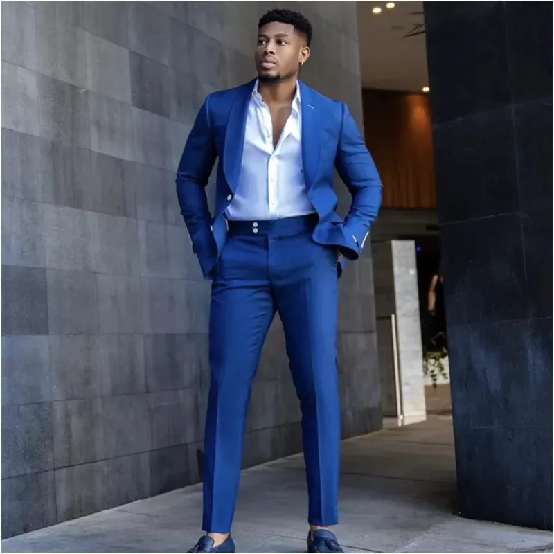 Garnitury nowe przystojne królewskie błękit garnitury Slim Fit Wedding Formal Groom Tuexdoes Terno Masculino Custom Made Męskie Ubrania Blazerowe spodnie
