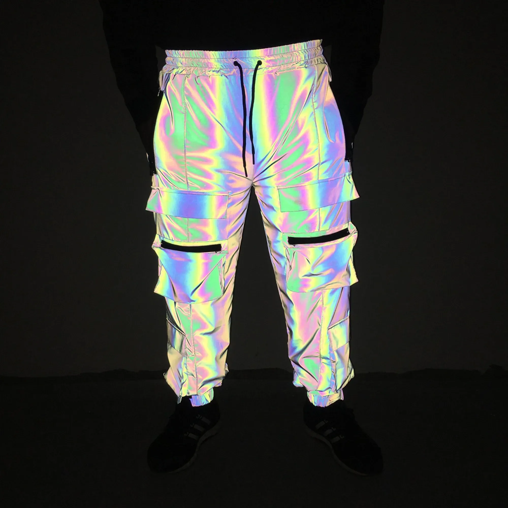 Pants Holographic Men Reflective Rave Geometric Colorful Hip Hop Cargo Pants Casual Jogging Sweatpants Clothing