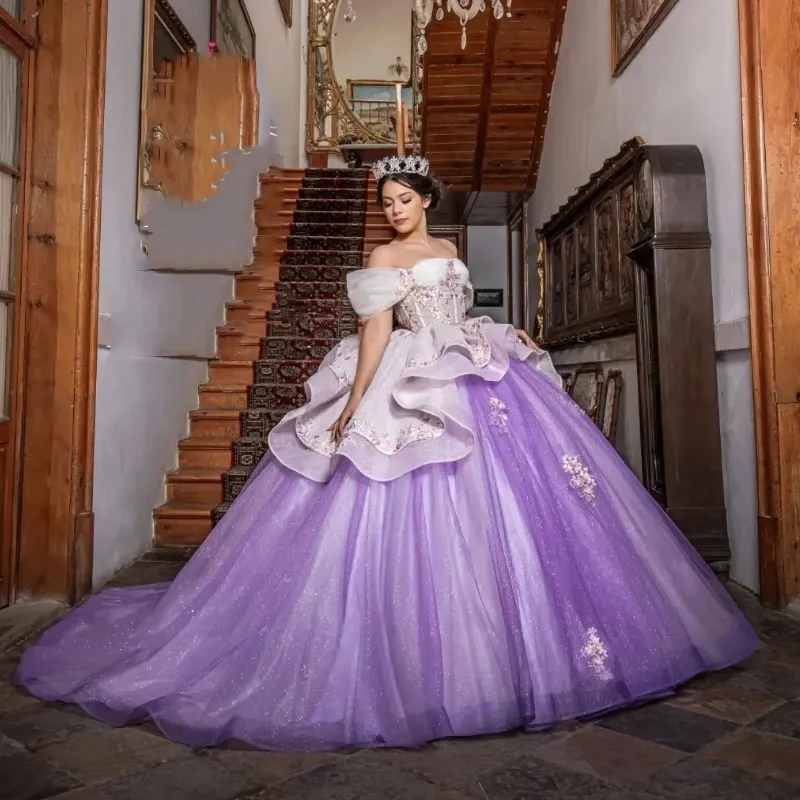 Purple Shiny Ball Gown Quinceanera Dress Sweet 15 16 Years Old Birthday Party Wear Off the Shoulder Lace-up Princess Long Purple Shiny Ball Gown Quinceanera Dress Sweet 15 16 Years Old Birthday Party Wear Off the Shoulder Lace-up Princess Long