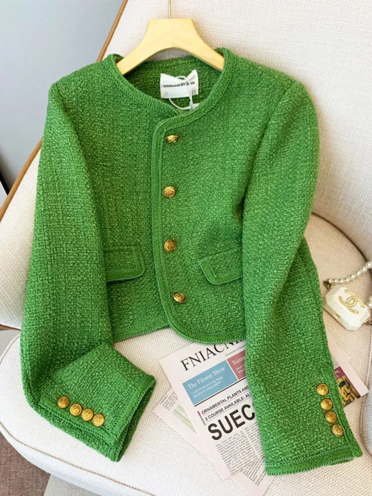한국 패션 소형 향수 트위드 재킷 여성 우아한 녹색 라운드 목 짧은 코트 가을 가을 싱글 가슴 아웃웨어 230226