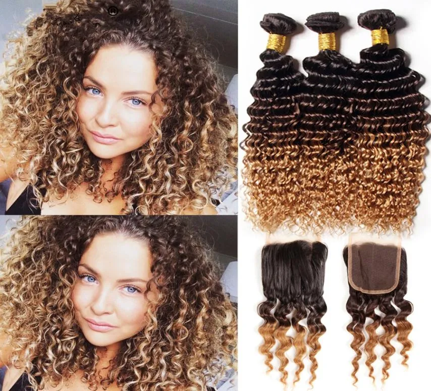 1B 4 27 Honey Blonde Malaysian Ombre Deep Curly Wave Weaves with Closure 4pcs Lot Three Tone 3 Bundles with Ombre Lace Closure4912152