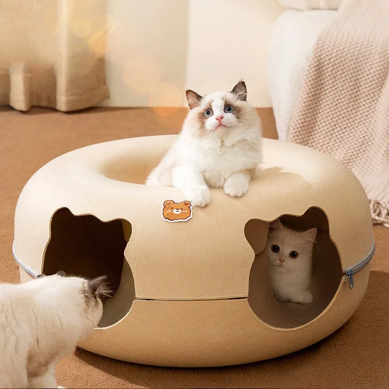 Mats Cat Tunnel Bed 2 Holes Cats Hiding House All Seasons Felt Zipper Kitten Nest Basket Detachable Round Pet Play Tunnels Tube Toys