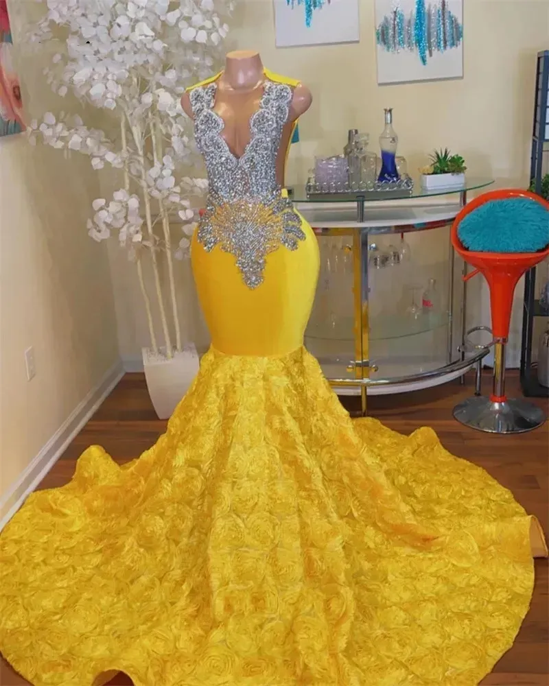 Prom Yellow Veet Dresses Black Girls Pärled Crystal Ruffles Mermaid Birthday Party Gown Formal OCN Dress