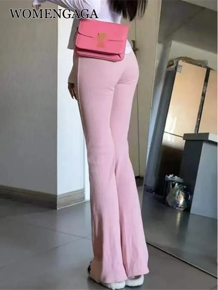 WOMENGAGA Girl Pink Flare Pants Womens Autumn Sexy High Waist Lace Up Elastic Slim Cotton Casual Pants Korean IG0Q 240223