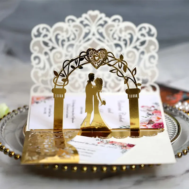 1020st White Gold Pearl Paper Laser Cut Wedding Invitations Card European Wedding Bridal Shower Decor Present Breating Card Kits 240301