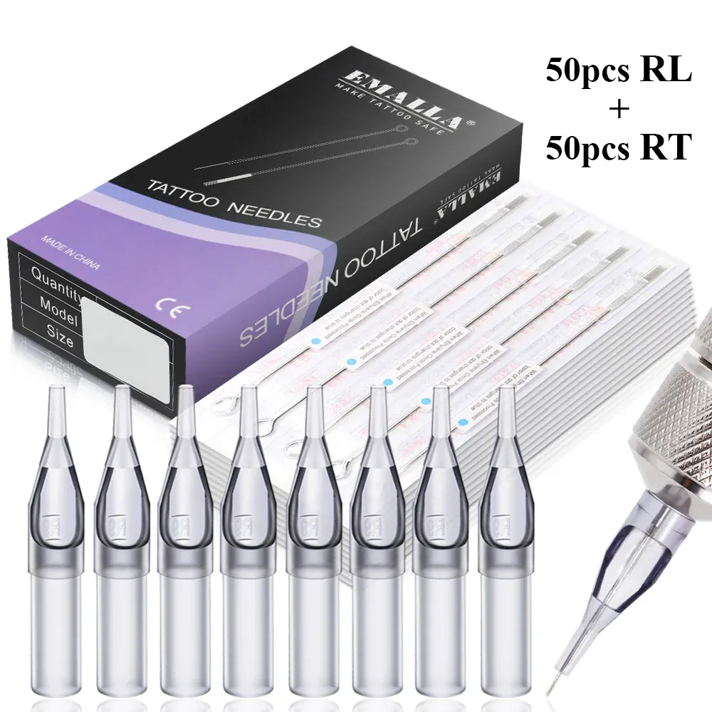 Needles EMALLA Sterilized 100Pcs/Set 3RL 5RL 7RL 9RL 11RL Tattoo Needles and 3RT 5RT 7RT 9RT 11RT Grey Tattoo Tips Makeup Tattoo Kits