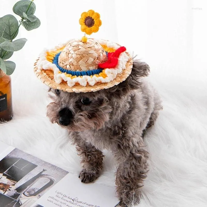 Hundkläder Hattdräkt Staw Hatts Tillbehör med stickad blommor justerbar hakrem för katter Shih Tzu Pugs Små raser hundar