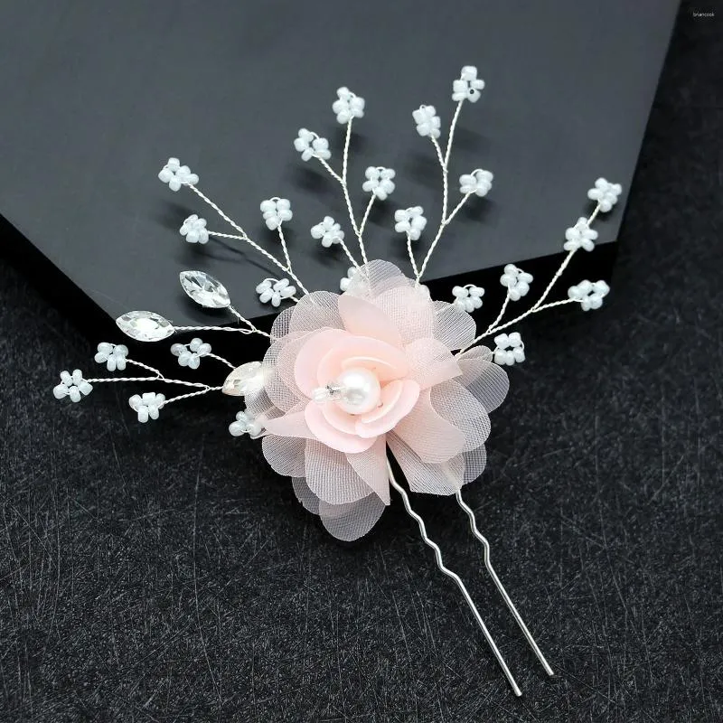 Grampos de cabelo rosa flor hairpin u-forma doce meninas barrettes grânulos pérolas casamento noiva jóias espumante cristal headdress