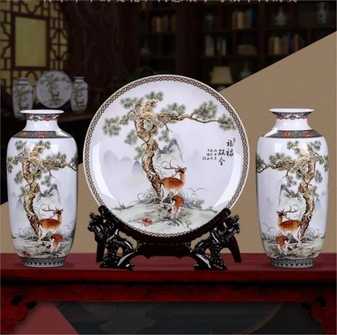 1 Ställ in modern kinesisk jingdezhen bordsdekoration blomma vas och tallrik med stativ keramisk vasdekoration porslin vas LJ205433020