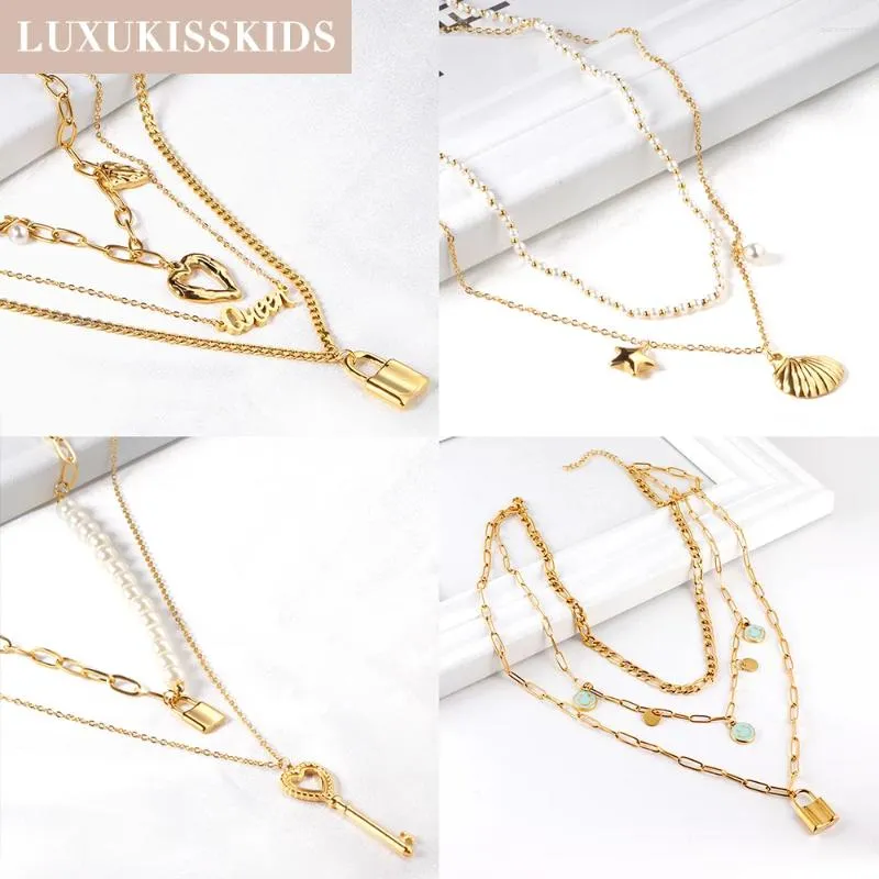 Pendanthalsband Luxukisskids Trendy Multi Layer Y2K Long Chain Lock Key Smile Charms Gothic Jewerly Women Clavicle Gift