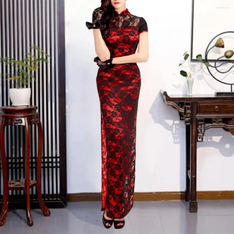 Etniska kläder kvinnor cheongsam kinesisk traditionell klänning dubbelskiktad spets vintage hög split lady qipao vestidos