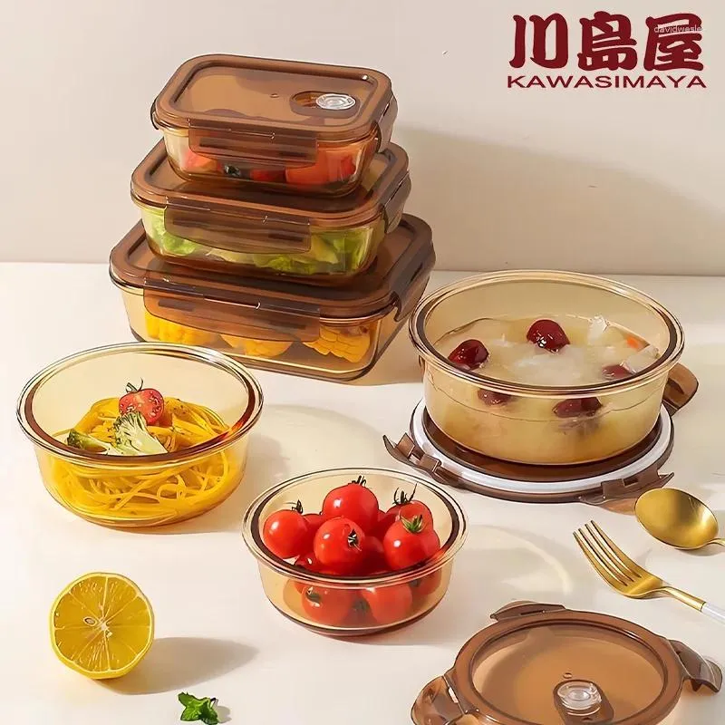 Servies KAWASIMAYA Jaar 3PCS Glas Geïsoleerde Lunchbox Magnetron Verwarming Speciale Kom Met Deksel Verzegeld Vers Fruit Rijst