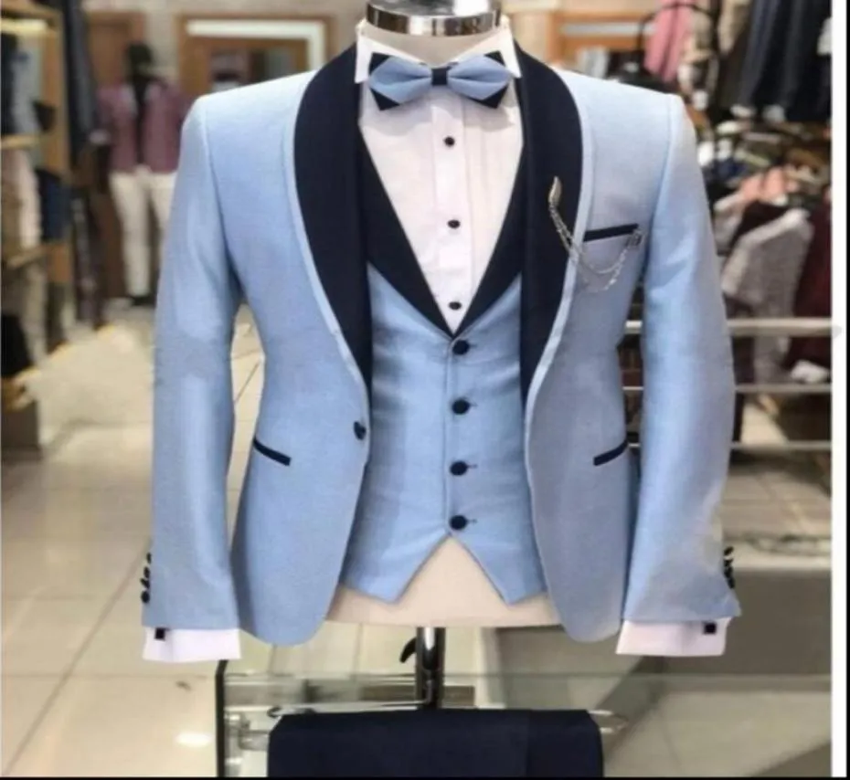 Smoking da sposo blu chiaro nuovissimo scialle nero bavero groomsmen abito da sposa da uomo stile giacca da uomo giacca da 3 pezzi pantalone2382207