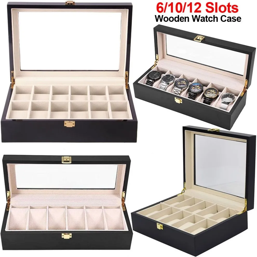 6 10 12 Slots Watch Box Black Wood Smycken Organ Watch Display Case Glass Top Wrist Watches Box Luxury Holder D402703