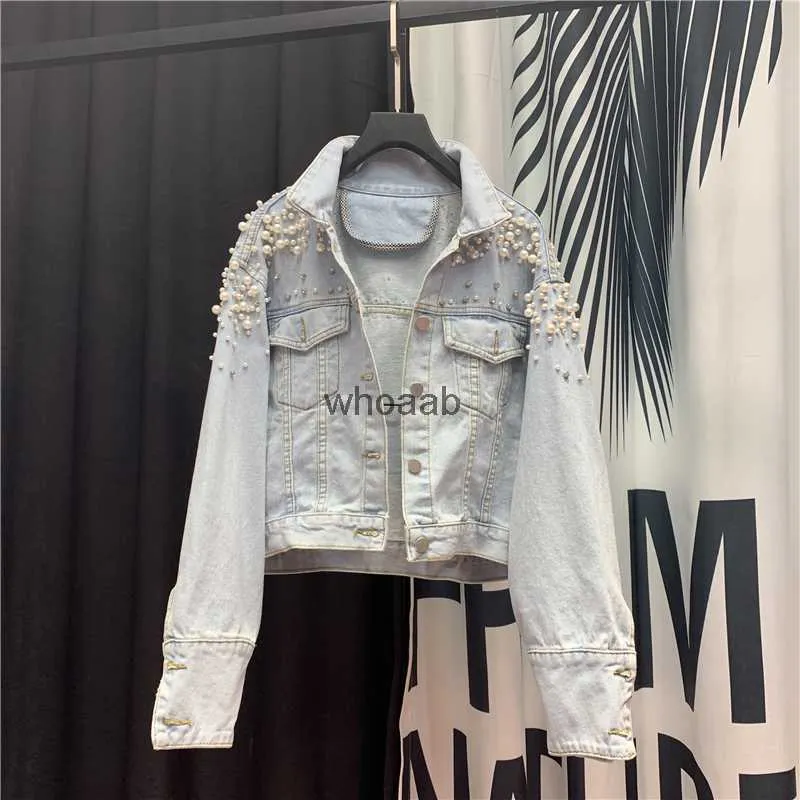 Women's Jackets Heavy Beadin Outerwear Pearls Rhinestone Ripped Holes Washed Denim Basic Coat NZY57 240301