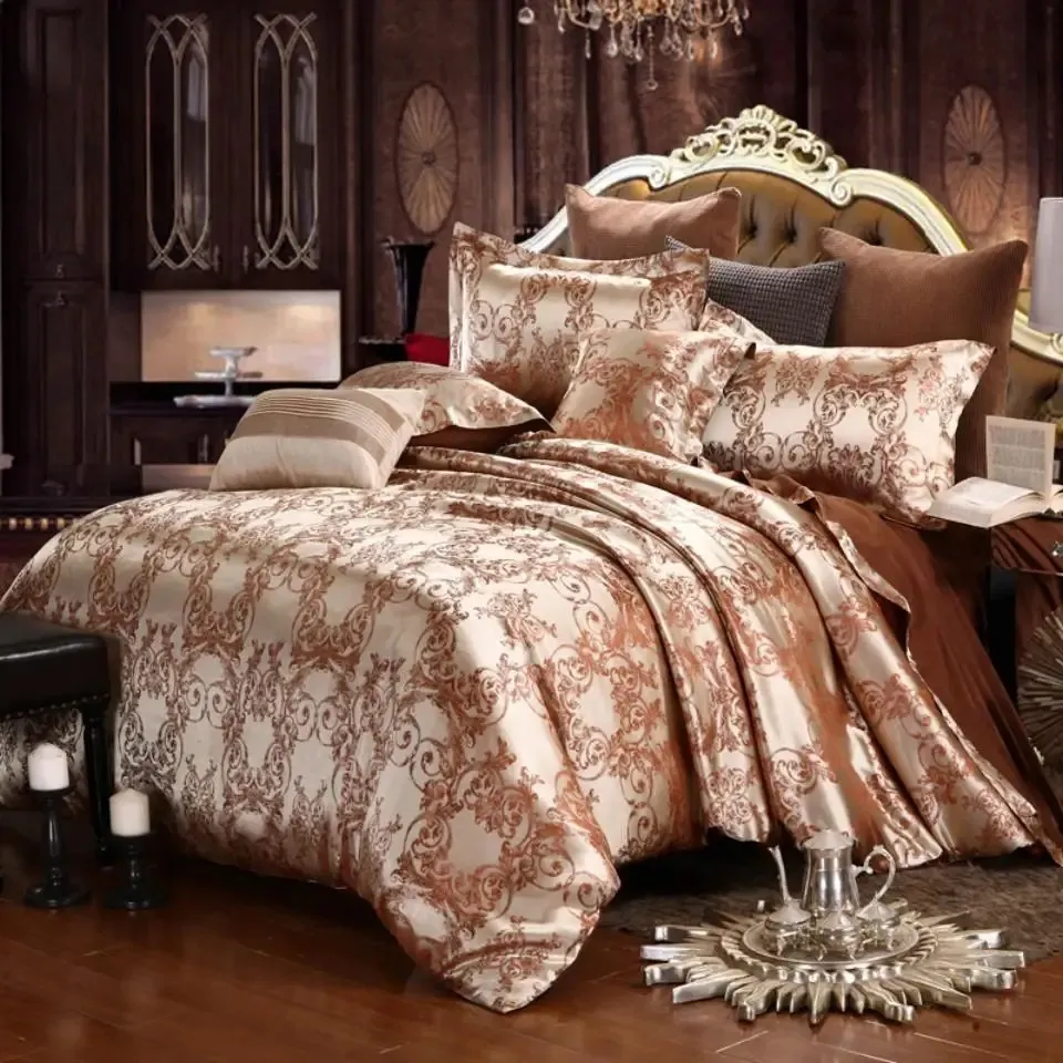 Luxury Silk Satin Jacquard Duvet Cover Bedding Set King Size Bed Sheets and Pillowcases Gold Quilt High Quality for Adults 240226