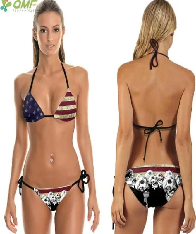 Vintage USA Vlag Bikini Set Bandage Badpakken Harajuku Schedels Badpak Womens Push Up Braziliaanse Badmode Rode Strepen Print5667373