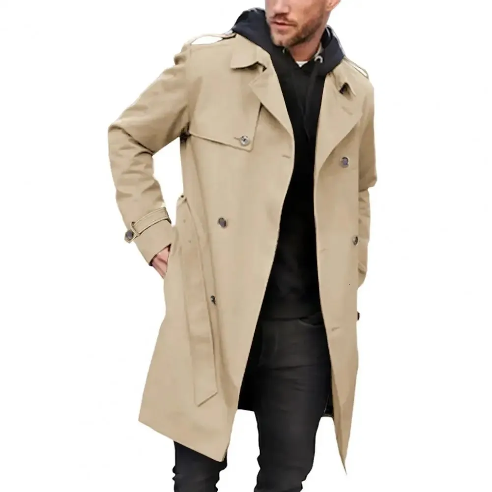 Homens outono inverno cor sólida blusão lapela manga longa bolsos duplos cinto fino ajuste casaco longo outwear 240219