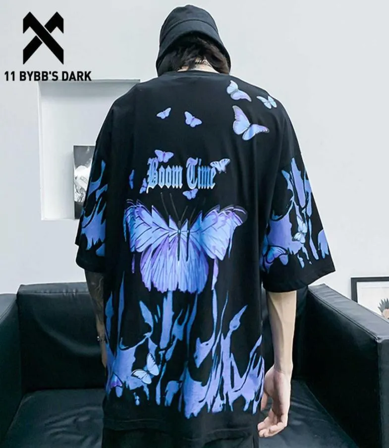 11 BYBB039S DARK Hip Hop Blue Flame Футболка с принтом бабочки Мужская Harajuku Модная уличная одежда с коротким рукавом Повседневные хлопковые топы T9051308