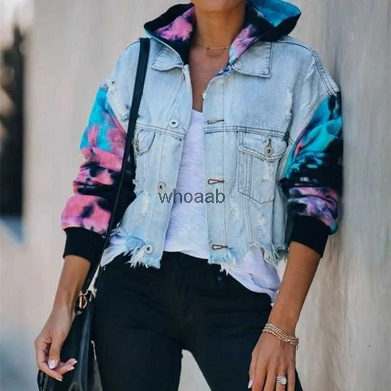 Women's Jackets Fashionable Denim Tie-dye Print Patchwork Coats Streetwear Ladys Turn Down Collar Single-Breasted Ripped Tassles Jackets 240301