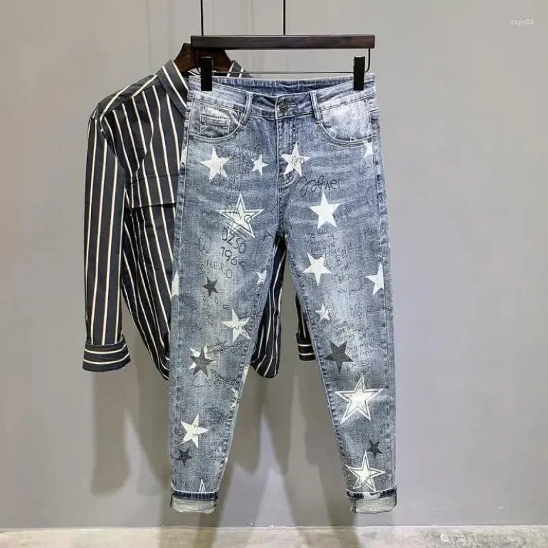 Pantaloni jeans da uomo Pantaloni da cowboy da uomo stellati Pantaloni corti elasticizzati elasticizzati Azzurri con abiti stampati Y2k Anni 2000 Primavera Autunno Lavato