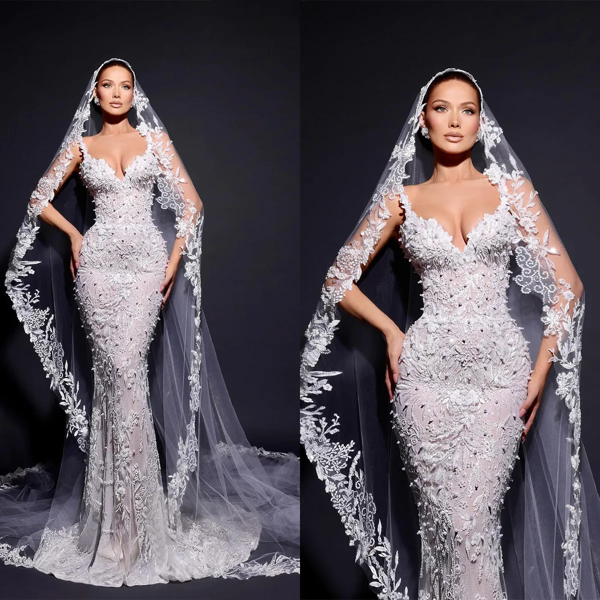 Fancy Mermaid Wedding Dress Spaghetti Straps Bridal Gowns Lace Appliques Pearls Bride Dresses Custom Made Vestido de novia