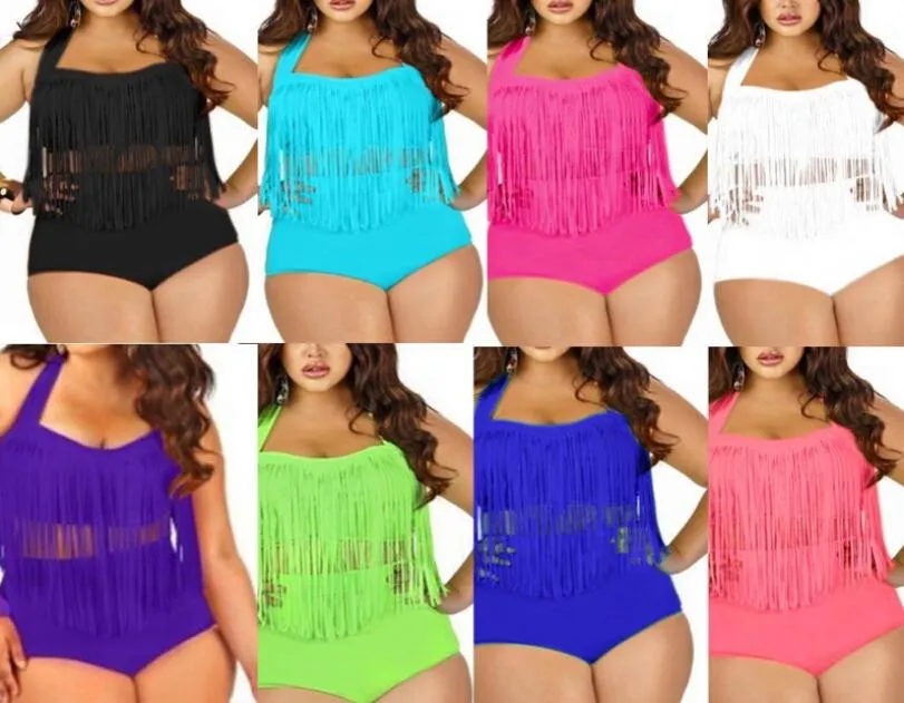 PLUS SIZE Big and Beautiful Womens Retro Fringe Tassel Top High Waisted Bikini Push Up Bandeau Rockabilly Swimwear Swimsuit7201468