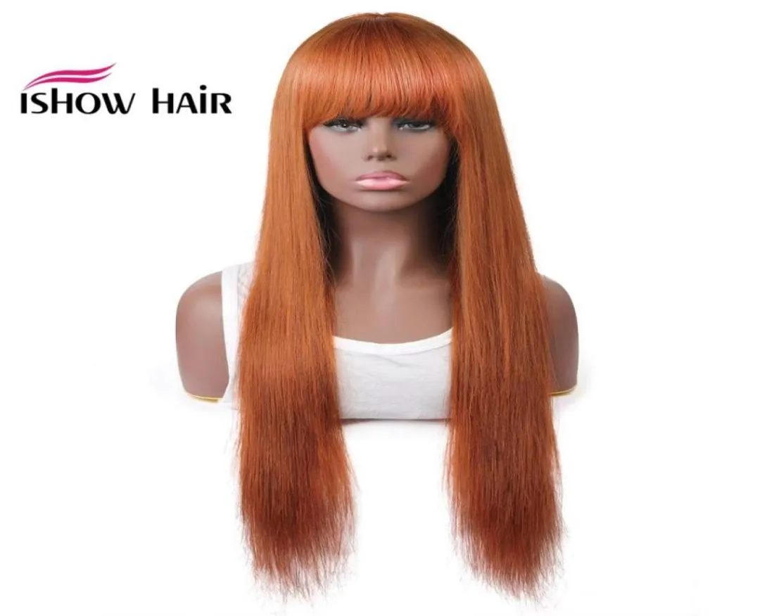 iShow Hair Brasilian 4 27 raka mänskliga hår peruker med lugg 27 30 99J orange ingefära peruansk ingen spets peruker indiska hår malaysia9893827