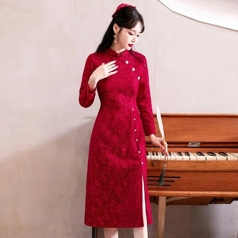 Ethnic Clothing Long Sleeve Red Cheongsam Women's 2024 Vintage Chinese Traditional Wedding Qipao Dress Modern Improved