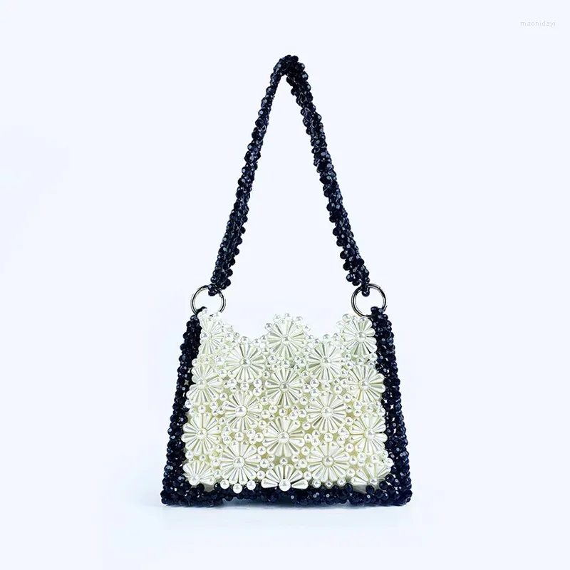 Evening Bags Unique Black White Daisy Flower Pearl Ladies Handbag Beaded Bag Fashion Exquisite Woven Women's One Shoulder Underarm