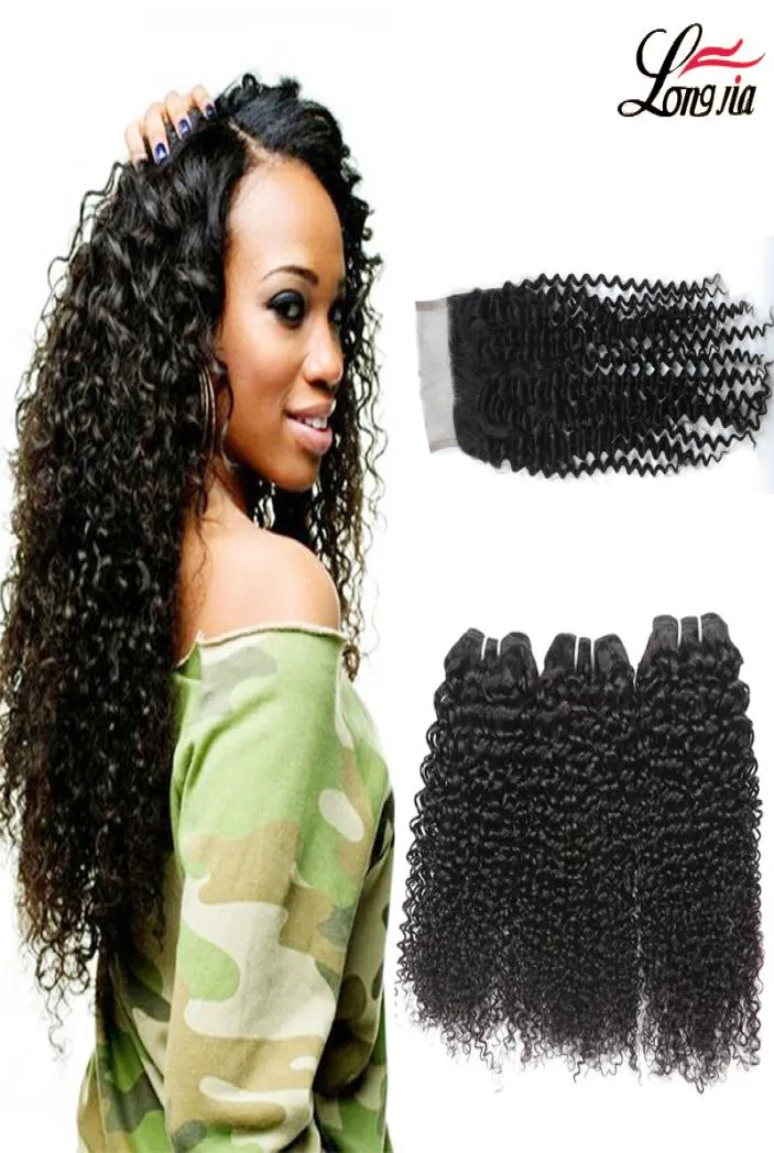 Kinky Curly Weave Human Hair Bundles med spetsstängning Malaysiska hårväv 3 -buntar med stängning Curly 34 Bunds Virgin Human 4205965