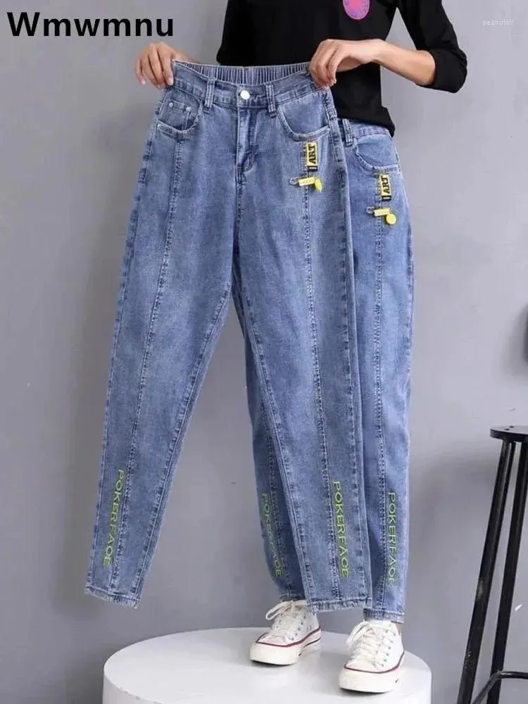 Jeans da donna larghi a vita alta Harem donna coreana pantaloni in denim elasticizzato vintage lettera ricamo casual lunghezza alla caviglia Kot Pantolon