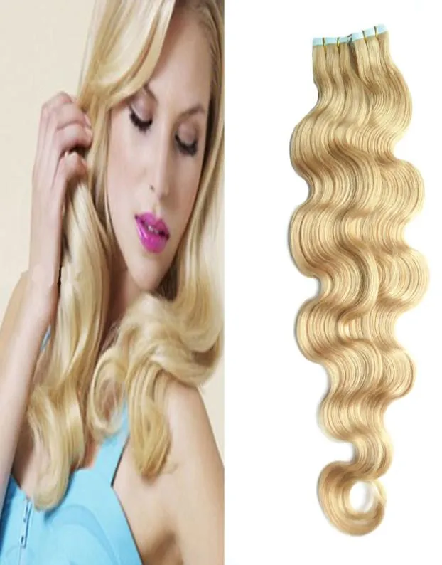 Tape Hair 40 pièces ruban dans les extensions de cheveux humains vague de corps 100g directement sur adhésif Invisible PU Remy peau trame bande extensions de cheveux9846130