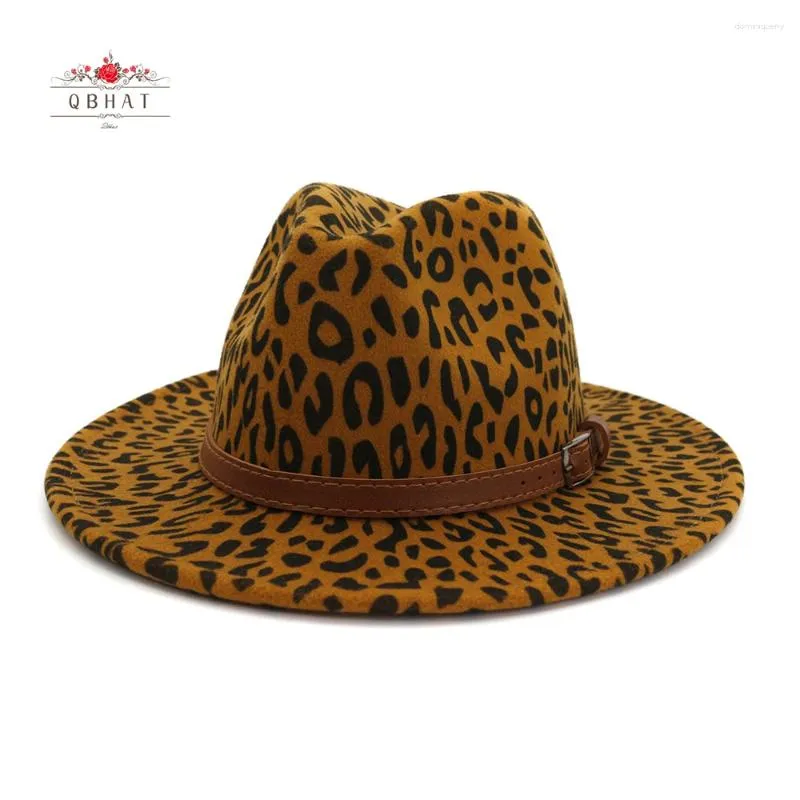 Berretti QBHAT Europeo US Autunno Inverno Stampa leopardata Jazz Cappelli Fedora con fibbia per cintura Decor Uomo Donna Panama Trilby Cappello in feltro di lana