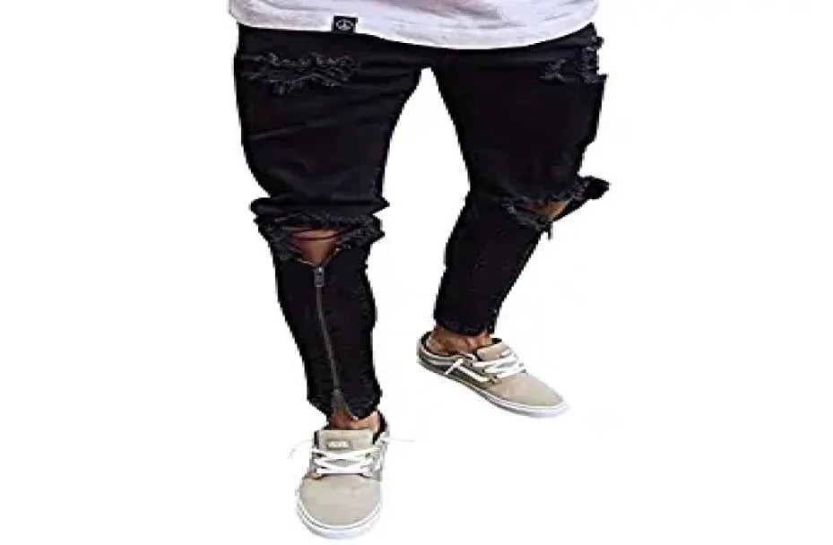 Longbida Men Zipper Biker Jeans rippade hål förstörde Stretch Skinny Jeans Street Style Denim Pencil Pants för Male8402722