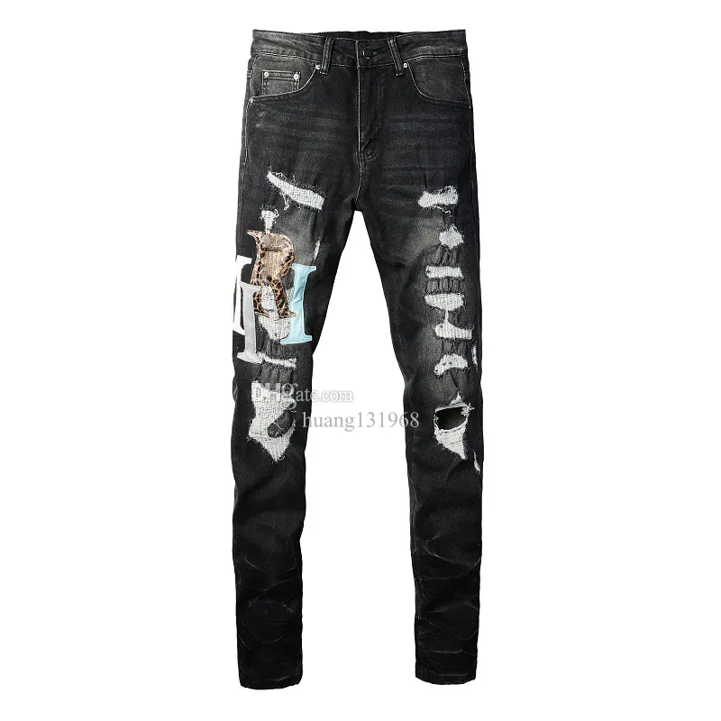 jeans designer mens AM jeans purples jean pants for men ripped embroidery pentagram patchwork for trend brand motorcycle pant skinny men's trousers